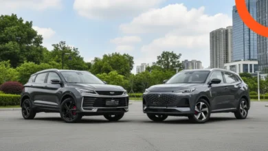 Create a high-end comparison poster (Arabic) for two compact SUVs — Changan CS55 Plus 2025 (left) vs Geely Coolray 2025 (right). Photorealistic studio scene, 3/4 front angle, clean softbox lighting, glossy floor reflections, neutral gradient background. Layout: - 16:9 aspect ratio, 3840×2160 (4K). - Split screen: LEFT accent color #C62828 (CS55 Plus), RIGHT accent color #1565C0 (Coolray). - Top centered Arabic title: "مقارنة: شانجان CS55 Plus 2025 × جيلي كولراي 2025" using a modern Arabic font (Noto Kufi Arabic), bold, RTL. - Under each car, add a minimalist spec card (rounded corners, glassmorphism) with 7 bullet rows and icons (outline style): 1) السعر (ريال) 2) القوة الحصانية (hp) 3) العزم (Nm) 4) كفاءة الوقود (كم/لتر) 5) ناقل الحركة / نظام الدفع 6) أنظمة الأمان (ADAS) 7) سعة الأمتعة (لتر) - Bottom center: small footer bar with placeholder QR and caption "تفاصيل أكثر". Style & details: - Ultra-clean infographic, balanced whitespace, thin dividers between columns, subtle drop shadows. - No real brand logos; use generic stylized badges only. - Keep Arabic text RTL and legible; large numeric figures. - Color grading natural; high contrast, no oversaturation; crisp reflections. Prompts for vehicles: - LEFT: “2025 Changan CS55 Plus, compact SUV, red, LED DRL signature, sporty grille, 19-inch alloy wheels, photorealistic.” - RIGHT: “2025 Geely Coolray, compact SUV, blue, sharp LED headlights, dynamic front bumper, 18-inch alloys, photorealistic.” Output: one poster image, ready for social media and web.
