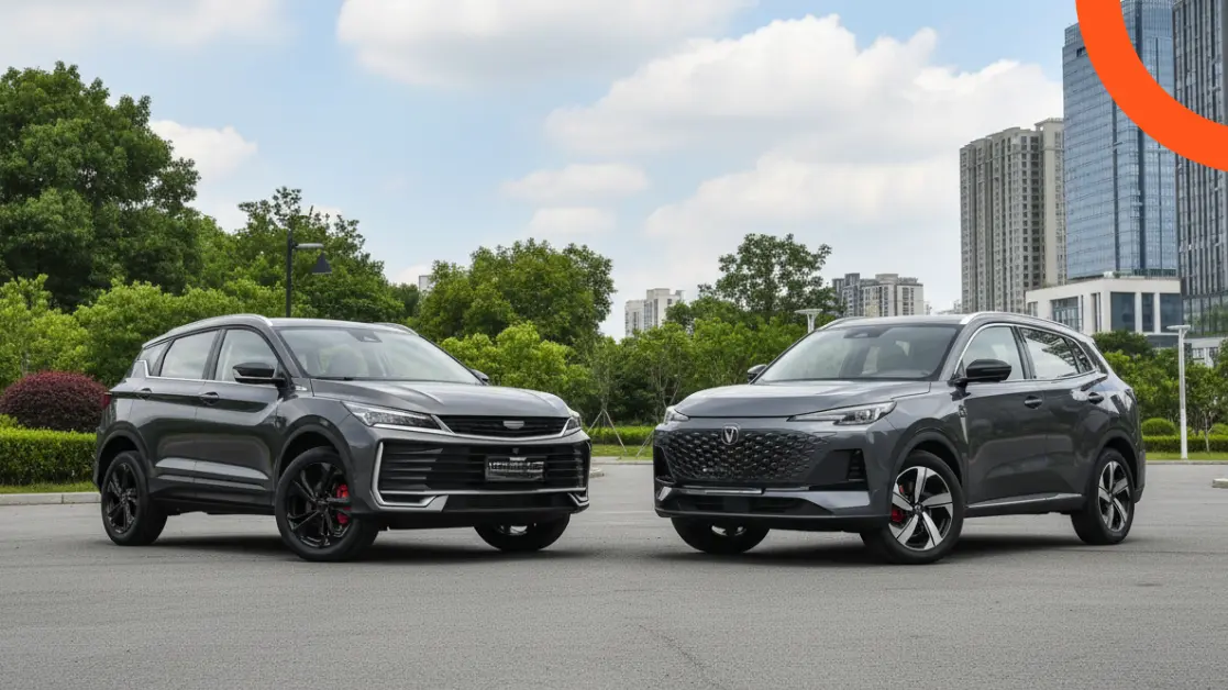 Create a high-end comparison poster (Arabic) for two compact SUVs — Changan CS55 Plus 2025 (left) vs Geely Coolray 2025 (right). Photorealistic studio scene, 3/4 front angle, clean softbox lighting, glossy floor reflections, neutral gradient background. Layout: - 16:9 aspect ratio, 3840×2160 (4K). - Split screen: LEFT accent color #C62828 (CS55 Plus), RIGHT accent color #1565C0 (Coolray). - Top centered Arabic title: "مقارنة: شانجان CS55 Plus 2025 × جيلي كولراي 2025" using a modern Arabic font (Noto Kufi Arabic), bold, RTL. - Under each car, add a minimalist spec card (rounded corners, glassmorphism) with 7 bullet rows and icons (outline style): 1) السعر (ريال) 2) القوة الحصانية (hp) 3) العزم (Nm) 4) كفاءة الوقود (كم/لتر) 5) ناقل الحركة / نظام الدفع 6) أنظمة الأمان (ADAS) 7) سعة الأمتعة (لتر) - Bottom center: small footer bar with placeholder QR and caption "تفاصيل أكثر". Style & details: - Ultra-clean infographic, balanced whitespace, thin dividers between columns, subtle drop shadows. - No real brand logos; use generic stylized badges only. - Keep Arabic text RTL and legible; large numeric figures. - Color grading natural; high contrast, no oversaturation; crisp reflections. Prompts for vehicles: - LEFT: “2025 Changan CS55 Plus, compact SUV, red, LED DRL signature, sporty grille, 19-inch alloy wheels, photorealistic.” - RIGHT: “2025 Geely Coolray, compact SUV, blue, sharp LED headlights, dynamic front bumper, 18-inch alloys, photorealistic.” Output: one poster image, ready for social media and web.